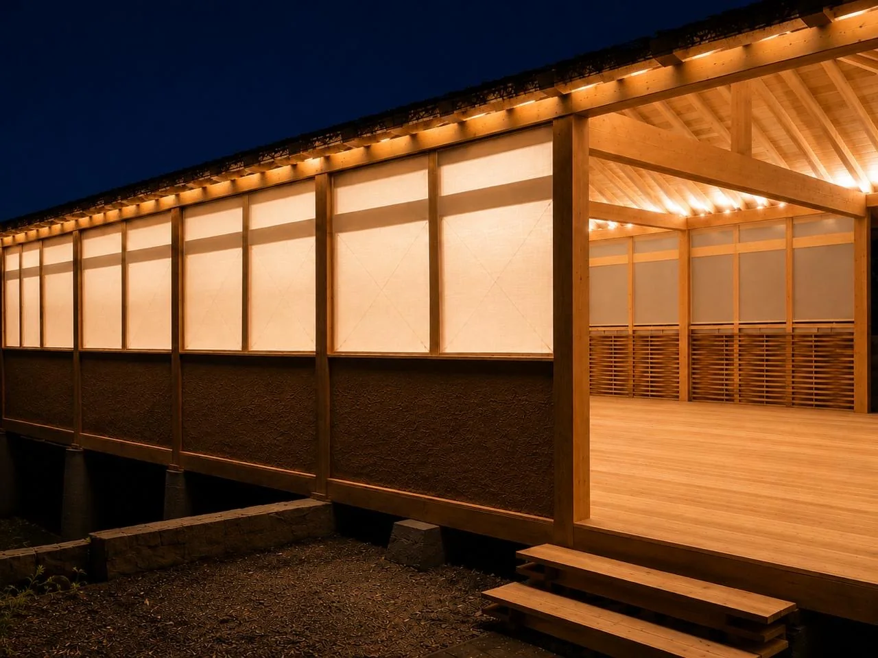 Exterior del dojo de noche con luz cálida